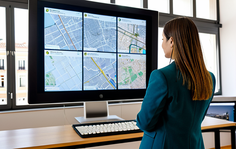 A professional female architect in a modest business blazer, standing in a contemporary urban planning office. She is attentively examining a large digital map displaying a detailed GIS overlay of Lisbon's urban zones, including PDM (Plano Diretor Municipal) and REN/RAN (Reserva Ecológica Nacional/Reserva Agrícola Nacional) designations. Blueprints and architectural models are visible on a nearby desk. The background features a blurred view of classic Portuguese buildings through a large window, suggesting a blend of old and new urban development. fully clothed, modest clothing, appropriate attire, professional dress, safe for work, appropriate content, family-friendly, perfect anatomy, correct proportions, natural pose, well-formed hands, proper finger count, natural body proportions, professional photography, high quality, sharp focus, vibrant colors, detailed.
