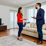 **

"A friendly appraiser talking to a young couple in their living room, fully clothed, discussing the evaluation of their property, appropriate attire, safe for work, modern decor, natural lighting, professional setting, family-friendly."

**
