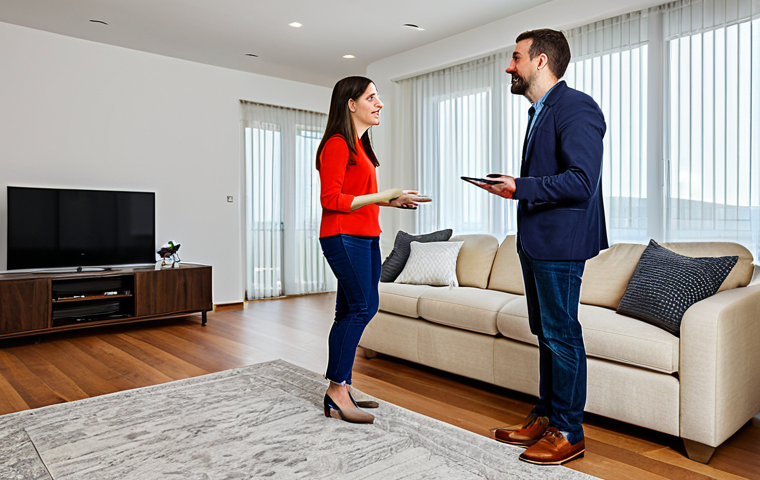 **

"A friendly appraiser talking to a young couple in their living room, fully clothed, discussing the evaluation of their property, appropriate attire, safe for work, modern decor, natural lighting, professional setting, family-friendly."

**