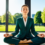 Serene Professional**

"A businesswoman in a modest, tailored suit is meditating in a bright, modern office. Sunlight streams through a large window overlooking a green park. She is fully clothed, in appropriate attire, and maintains perfect anatomy with correct proportions, and well-formed hands.  The scene promotes mindfulness and well-being, safe for work, family-friendly, professional photography, high quality."

**