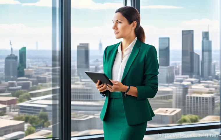 건축평가사 이직 성공기 - A professional female real estate appraiser, mid-30s, dressed in a sharp business blazer and skirt (...