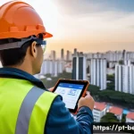 Home 17 건축평가 전문가로서 필수적인 자격과 경험 - A detailed scene of a professional building inspector wearing safety gear and business casual clothi...