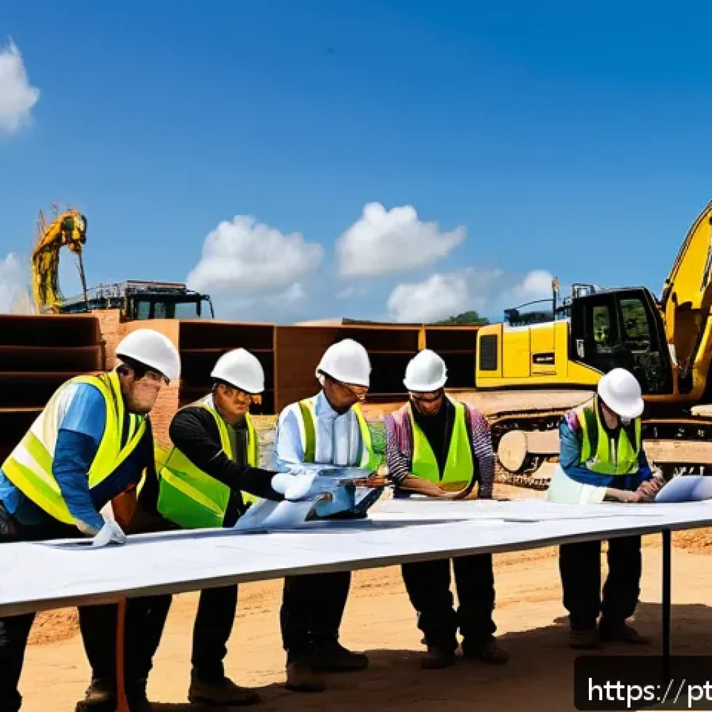 건축평가사의 프로젝트 관리 팁 - A detailed construction site scene in Brazil showing a diverse team of professionals in safety gear ...