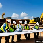 Home 19 건축평가사의 프로젝트 관리 팁 - A detailed construction site scene in Brazil showing a diverse team of professionals in safety gear ...