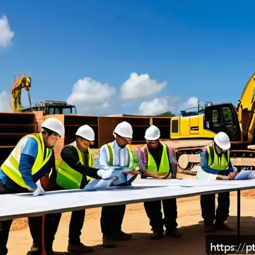 Home 31 건축평가사의 프로젝트 관리 팁 - A detailed construction site scene in Brazil showing a diverse team of professionals in safety gear ...
