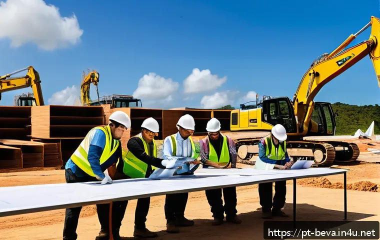 건축평가사의 프로젝트 관리 팁 - A detailed construction site scene in Brazil showing a diverse team of professionals in safety gear ...