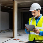 Home 18 건축평가사의 소셜 미디어 활용법 - A professional construction appraiser conducting a detailed structural inspection inside a bright, m...