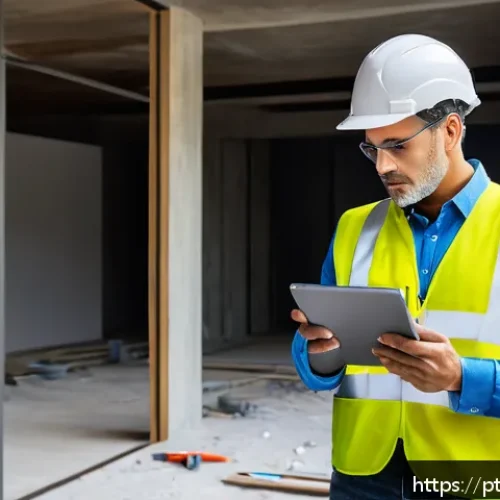 Home 30 건축평가사의 소셜 미디어 활용법 - A professional construction appraiser conducting a detailed structural inspection inside a bright, m...