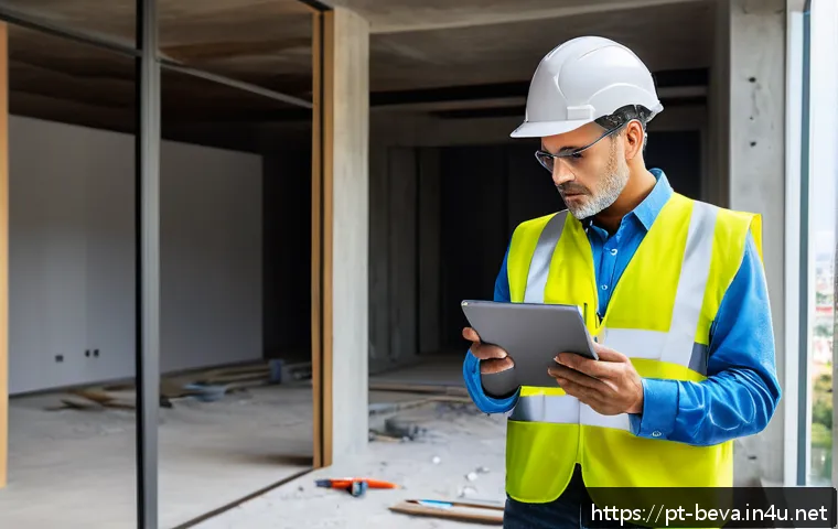 건축평가사의 소셜 미디어 활용법 - A professional construction appraiser conducting a detailed structural inspection inside a bright, m...